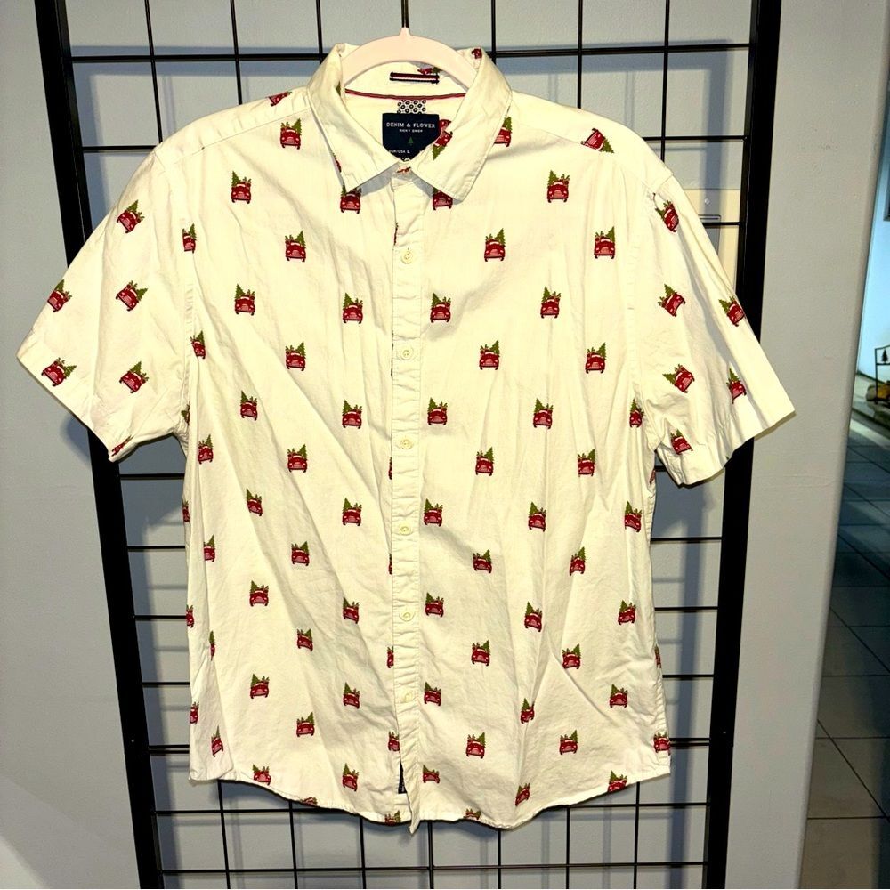 Denim & Flower Men’s Casual Christmas Pattern White Button Down Shirt EUC